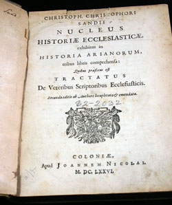 Title page from Nucleus historiæ ecclesiasticæ by Christopher Sandius (Amsterdam, 1676), with a false imprint.