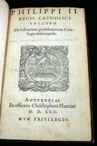 Title page of Philip II's edict concerning prohibted books (Antwerp, 1570)