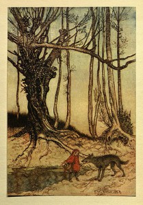 The Big Bad Wolf and Red Riding Hood from Arthur Rackham's illustration in Hansel and Grethel (London, 1920).
