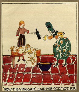 Cinderella learns the batik method of dying fabric from her fairy godmother to make her own ballgown. Illustrator Jessie M. King had just learned the process herself, and wrote How Cinderella was able to go to the ball (London, 1924) to introduce others to “the wonderland of batik.”