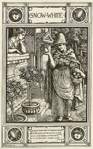The evil queen, disguised as an old woman, offers Snow white an apple in Walter Crane's illustration from Household stories from the collection of the brothers Grimm (New York, 1896).