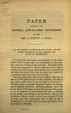 Paper presented to the General Anti-Slavery Convention on the essential sinfulness of slavery and its direct opposition to the precepts and spirit of Christianity
