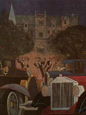 An illustration by Fred Meyer of Gatsby's mansion during one of his famous parties.