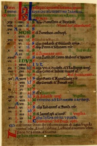 12th century manuscript leaf showing calendar for the month of June.