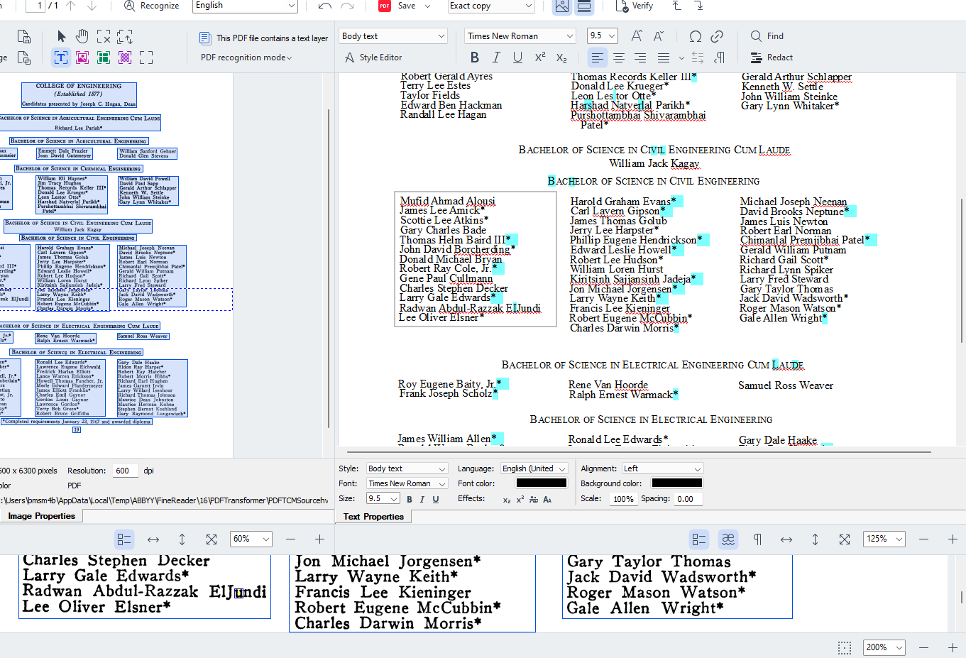 A screenshot of an OCR editor software, showing the process of checking for name errors in automatically generated OCR text 