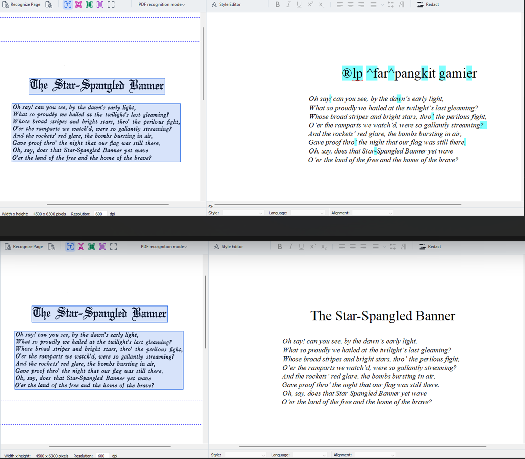 A screenshot showing before and after correcting the OCR errors caused by unique fonts. 