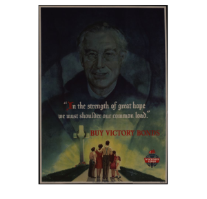 Image of FDR hovers above a family standing by a grave.