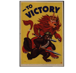 Poster showing British lion and Canadian beaver armed with swords.