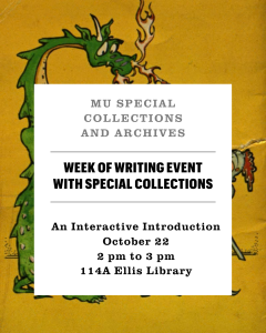 Flyer for an event on October 22, 2026. Black and grey text over white square. The flyer's background is an image of a cartoon green dragon and knight on a dark yellow background.
