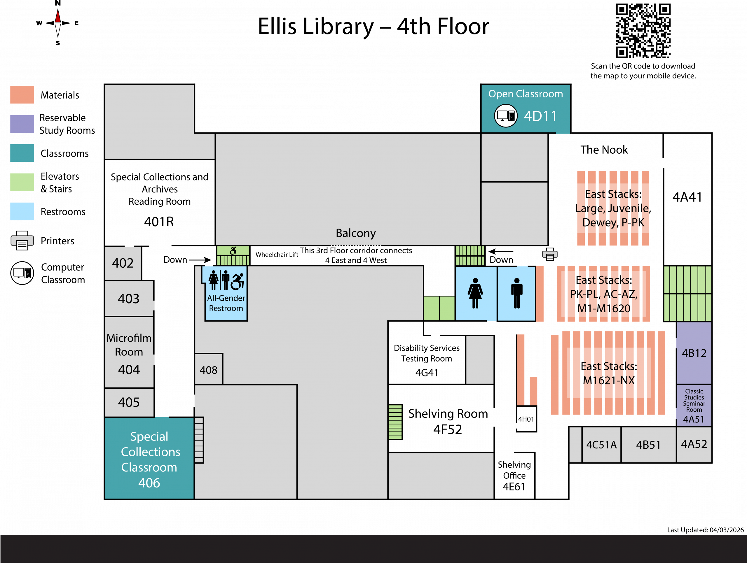Map of the fourth floor of Ellis Library