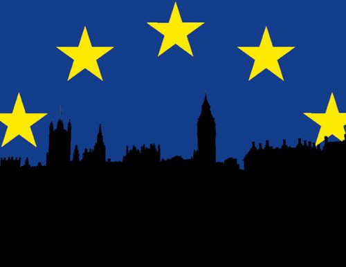 London skyline on EU flag backdrop