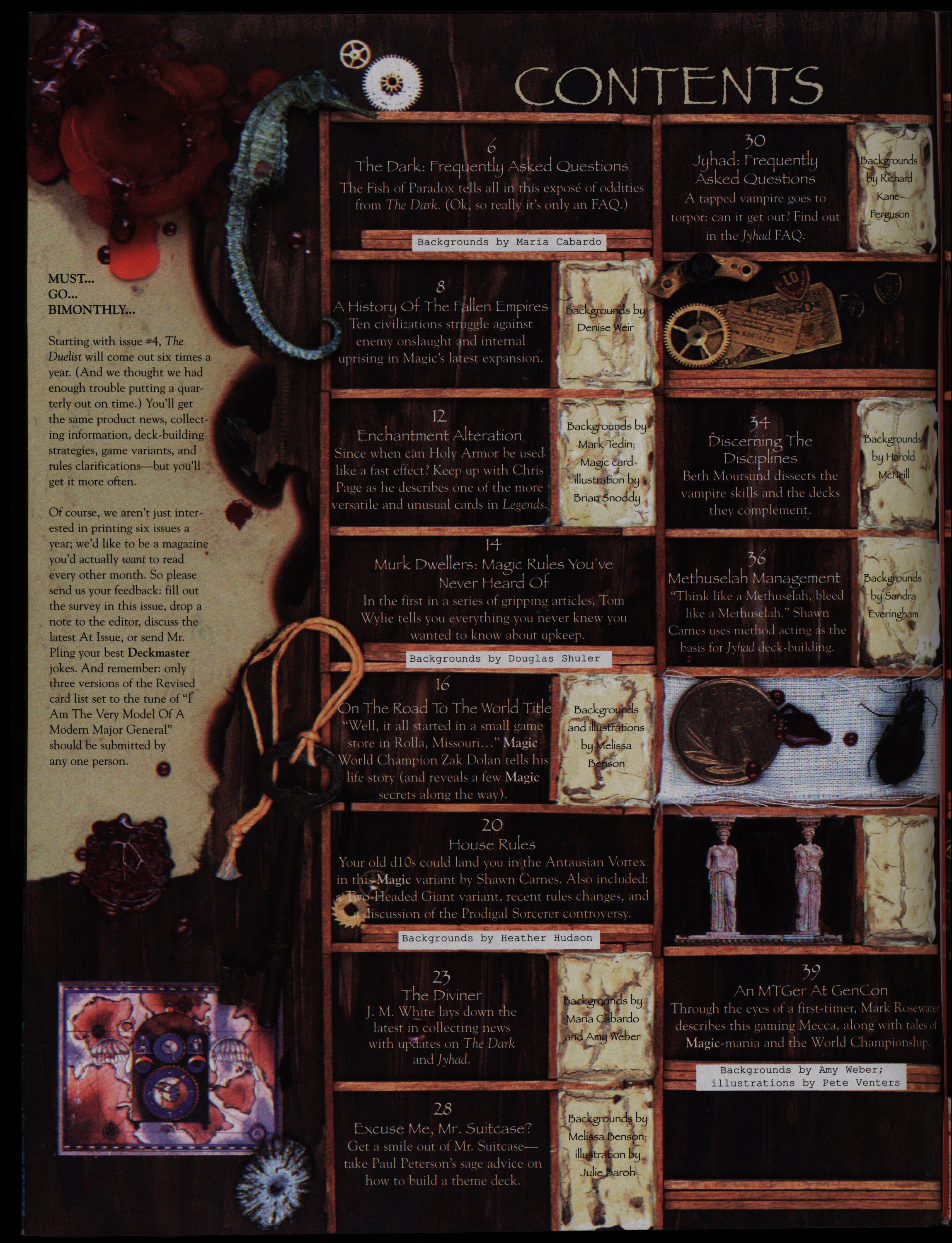 Magazine table of contents page with multiple maps and images related to games.