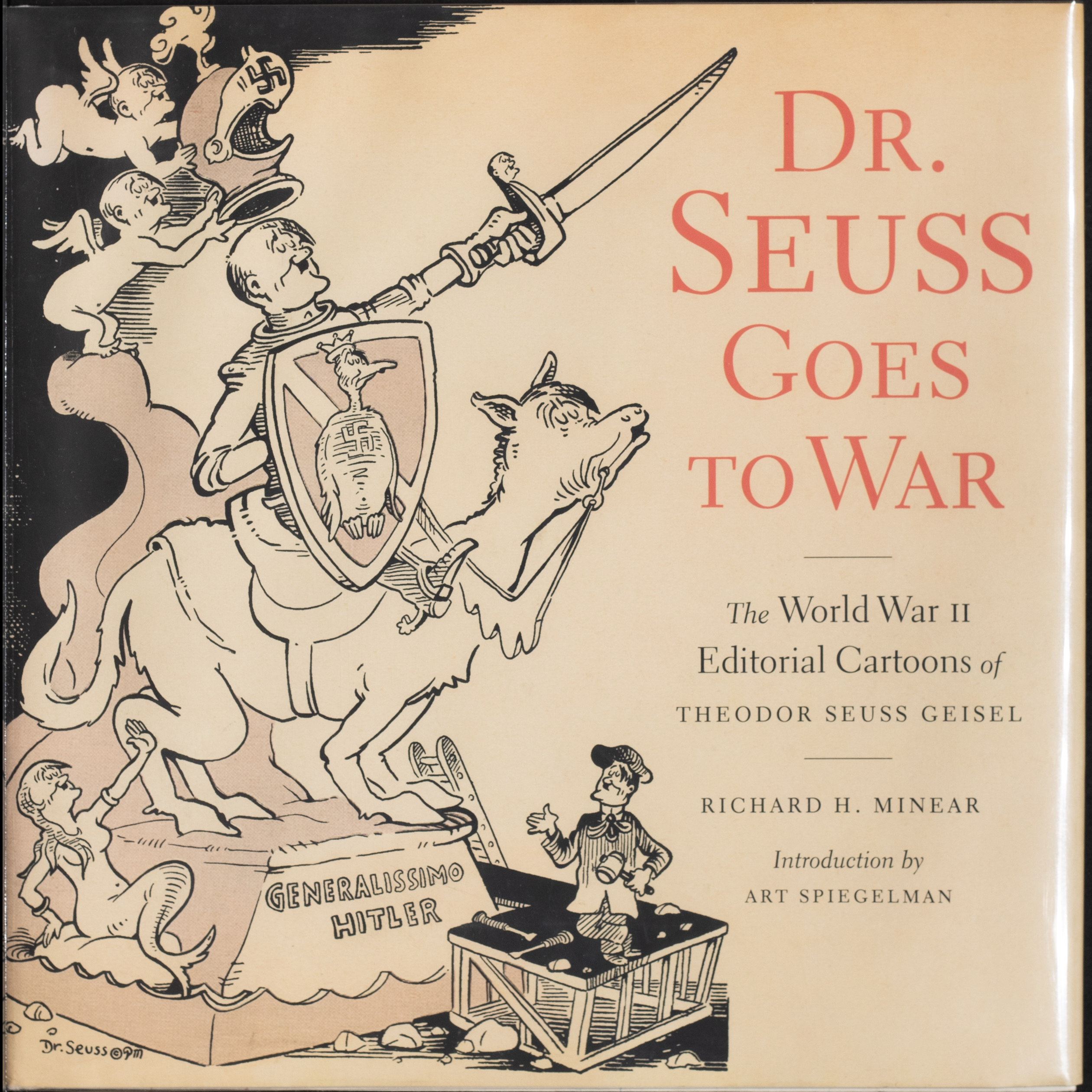 Cover of book with small version of Adolf Hitler carving a large statue of himself of a horse with a sword, wearing a suit of armor with a crowned bird on the shield and cherubs lowering a helmet onto his head with a swastika carved into the visor, and a mermaid at the base of the statue; all creatures have Adolf Hitler's mustache