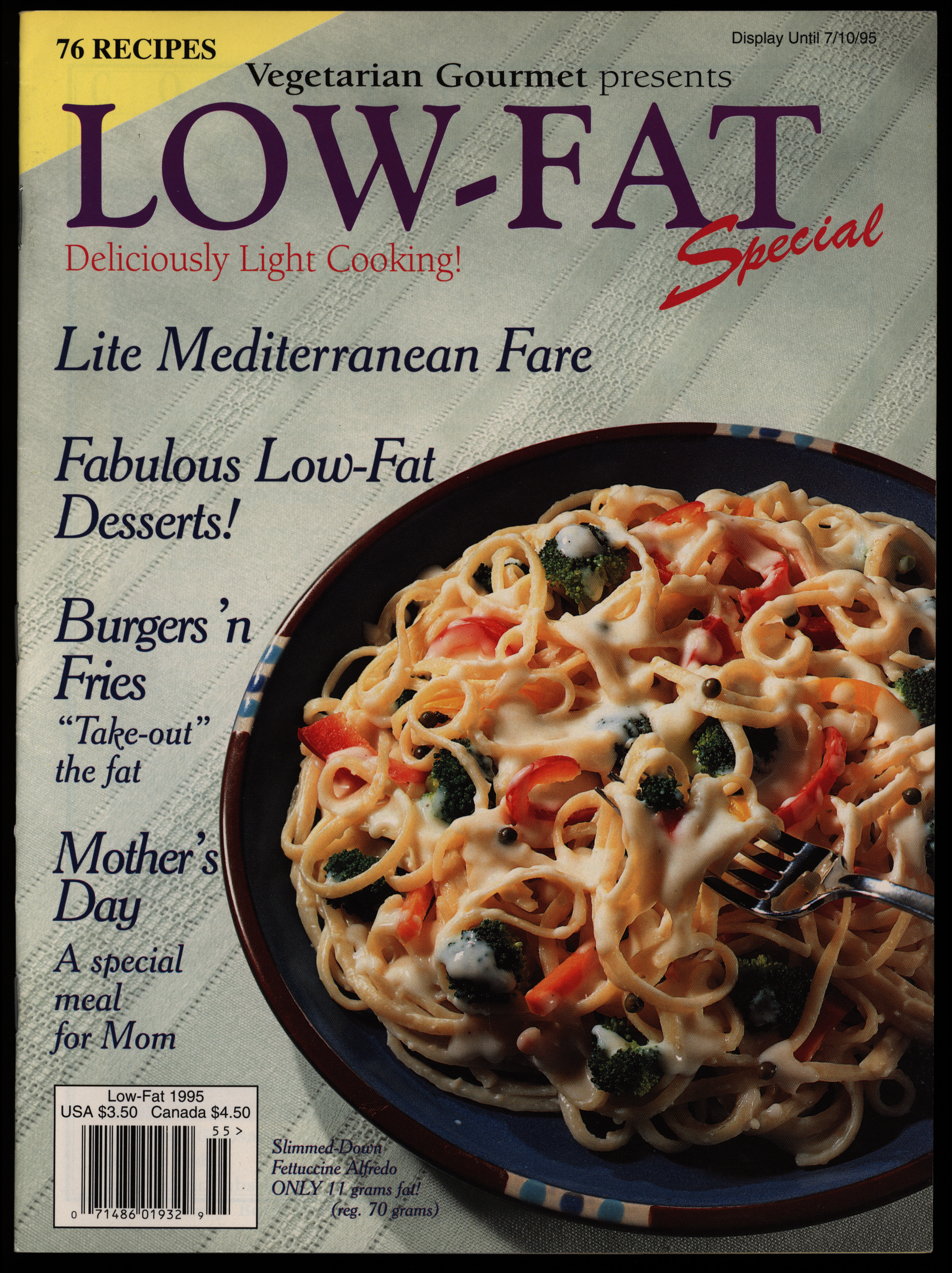 Magazine cover with large type and an image of pasta with vegetables on the background