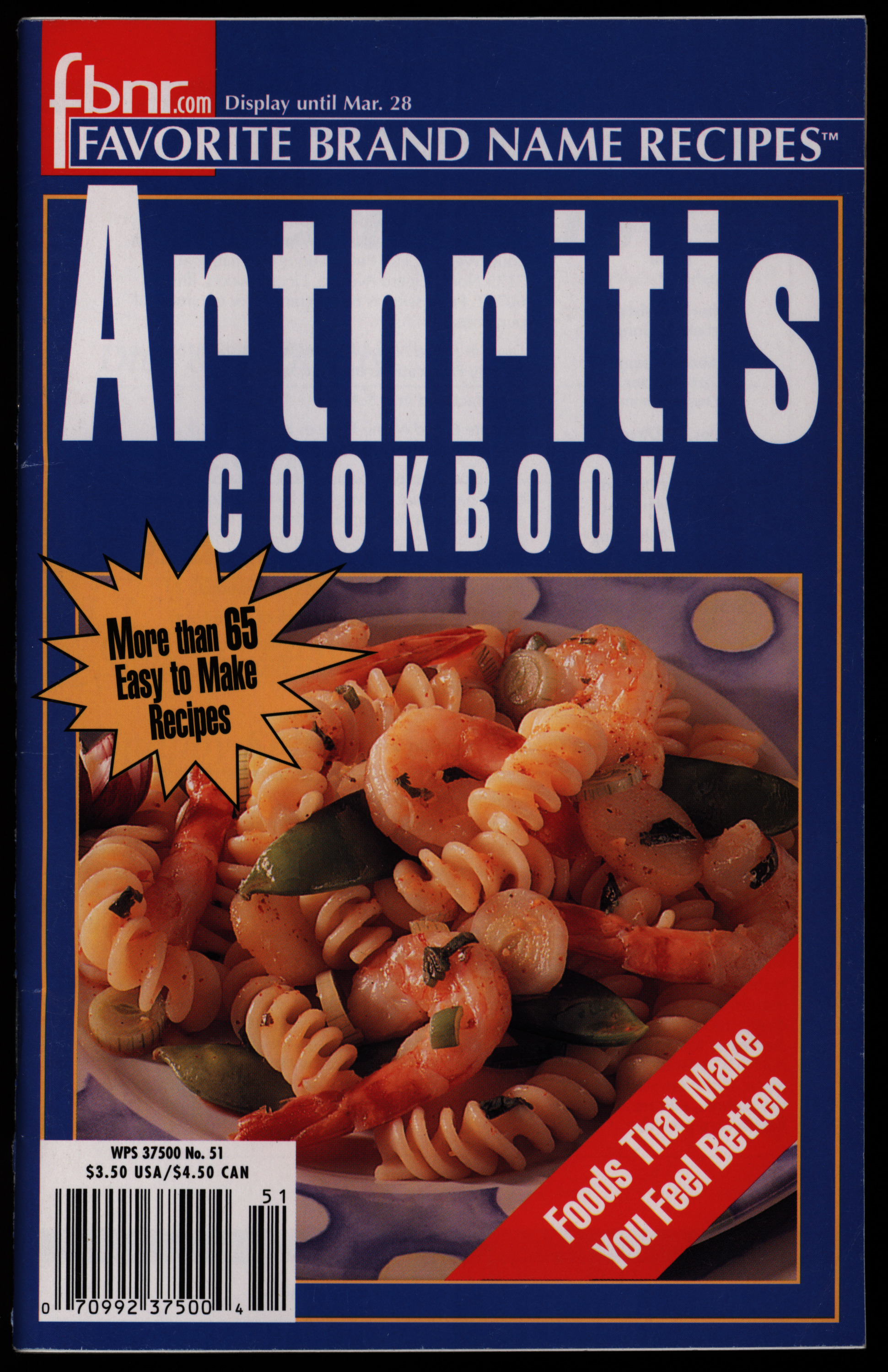 Magazine cover with large white title and image of a pasta salad over a blue background