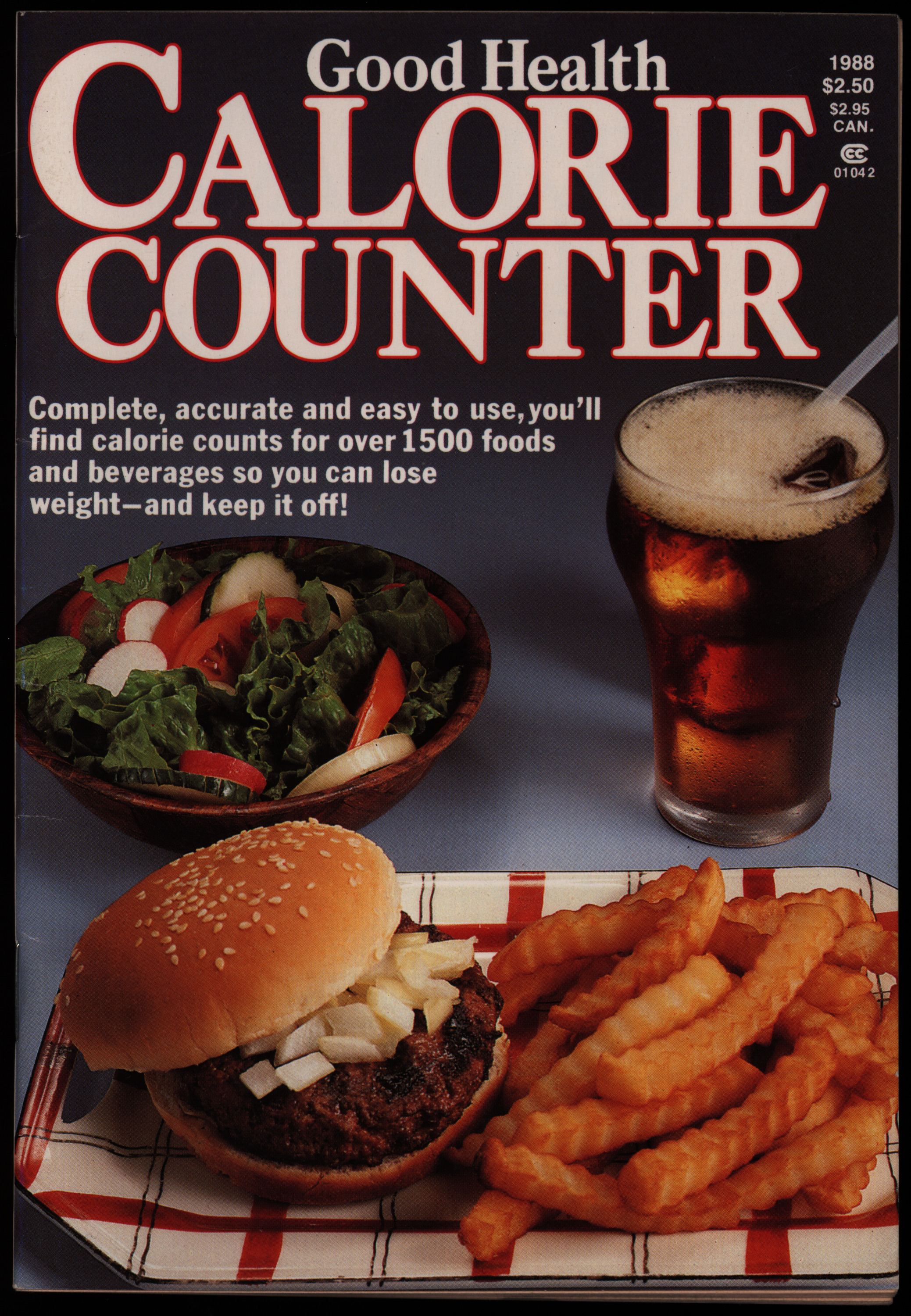 Magazine cover with an image of a salad, a soda, and a burger and fries.