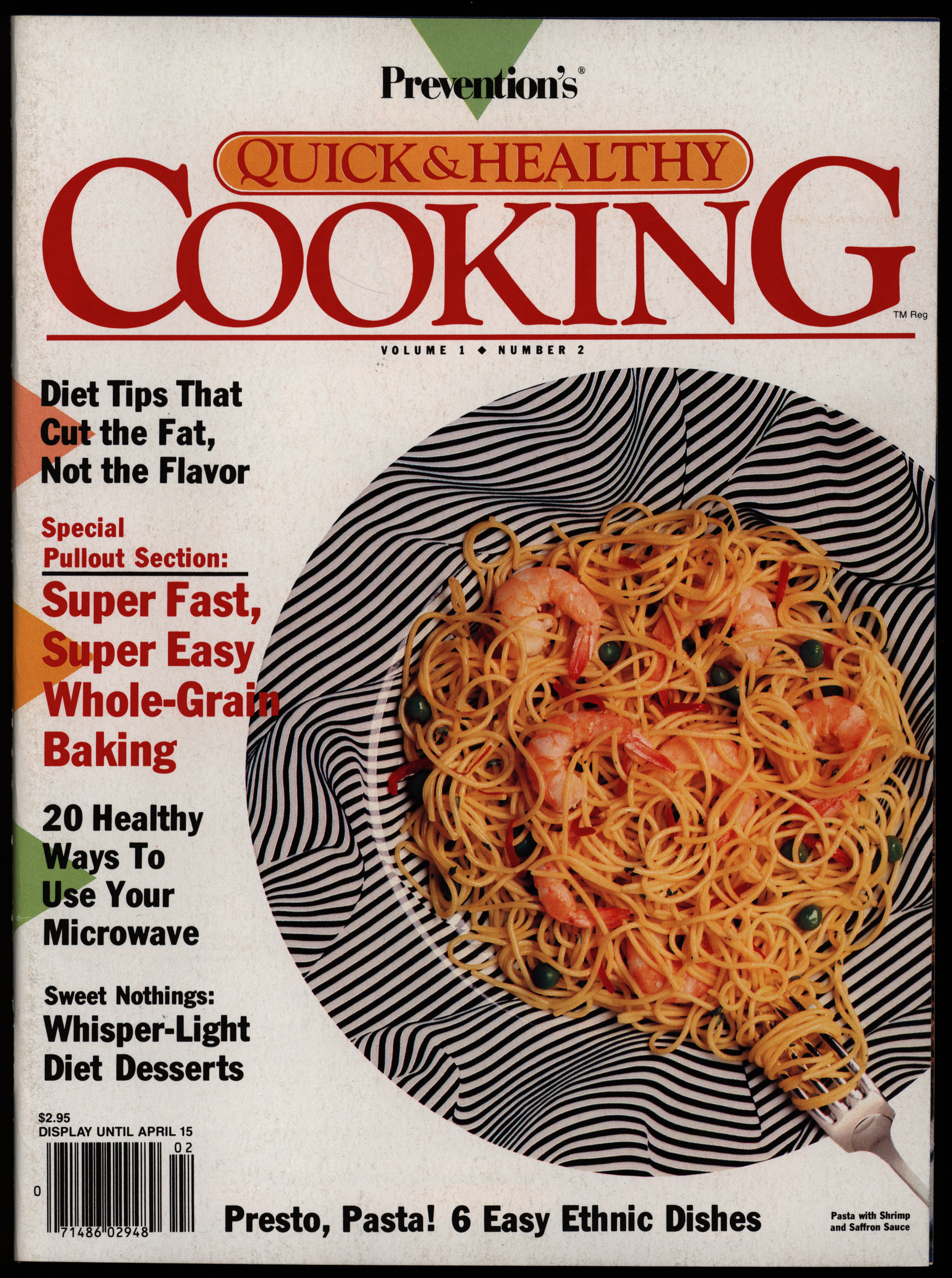 Magazine cover with image of pasta with shrimp on the background