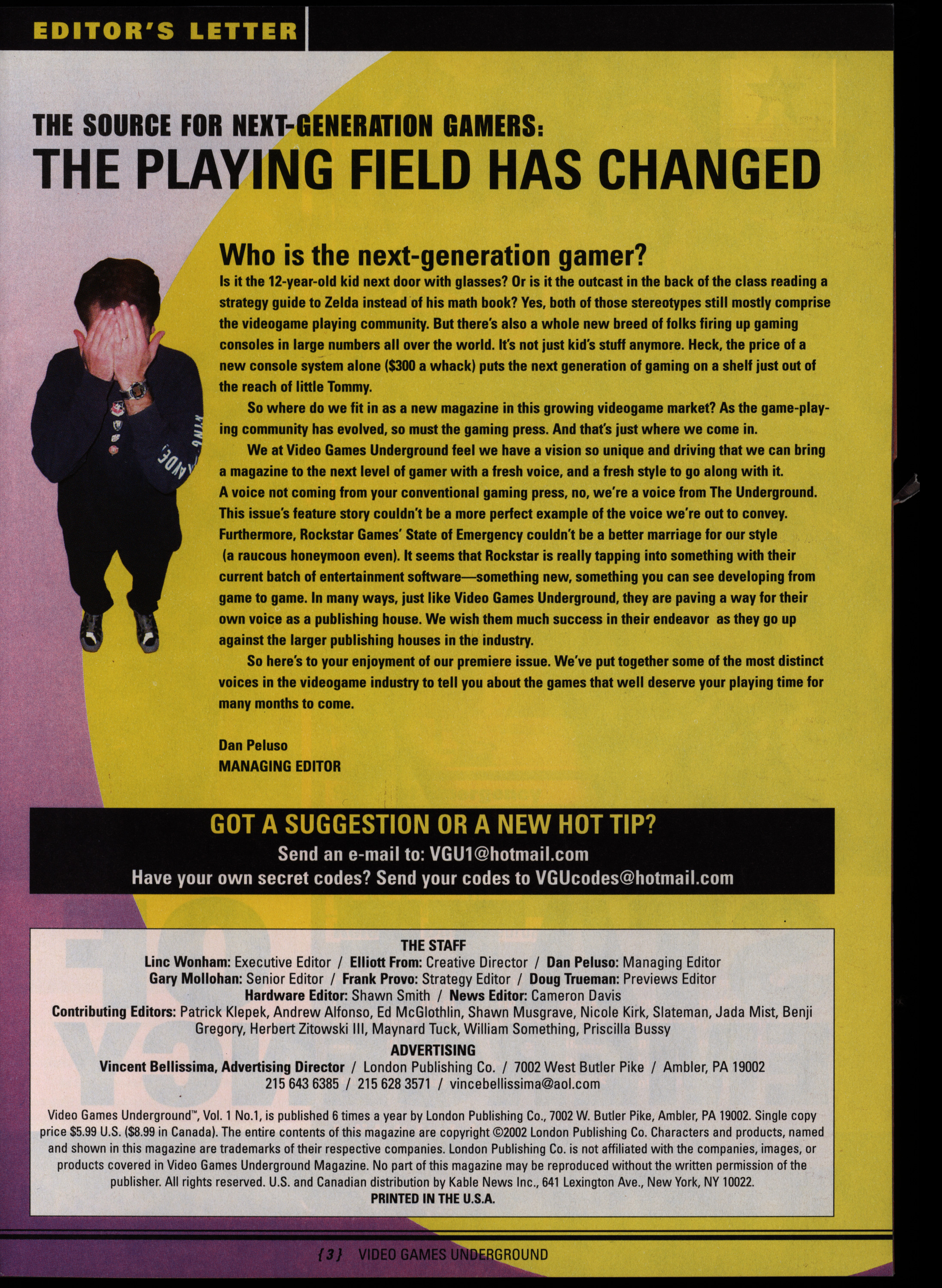 Magazine page with an image of a person covering their faces with their hands, and with black text over a yellow and lilac background.