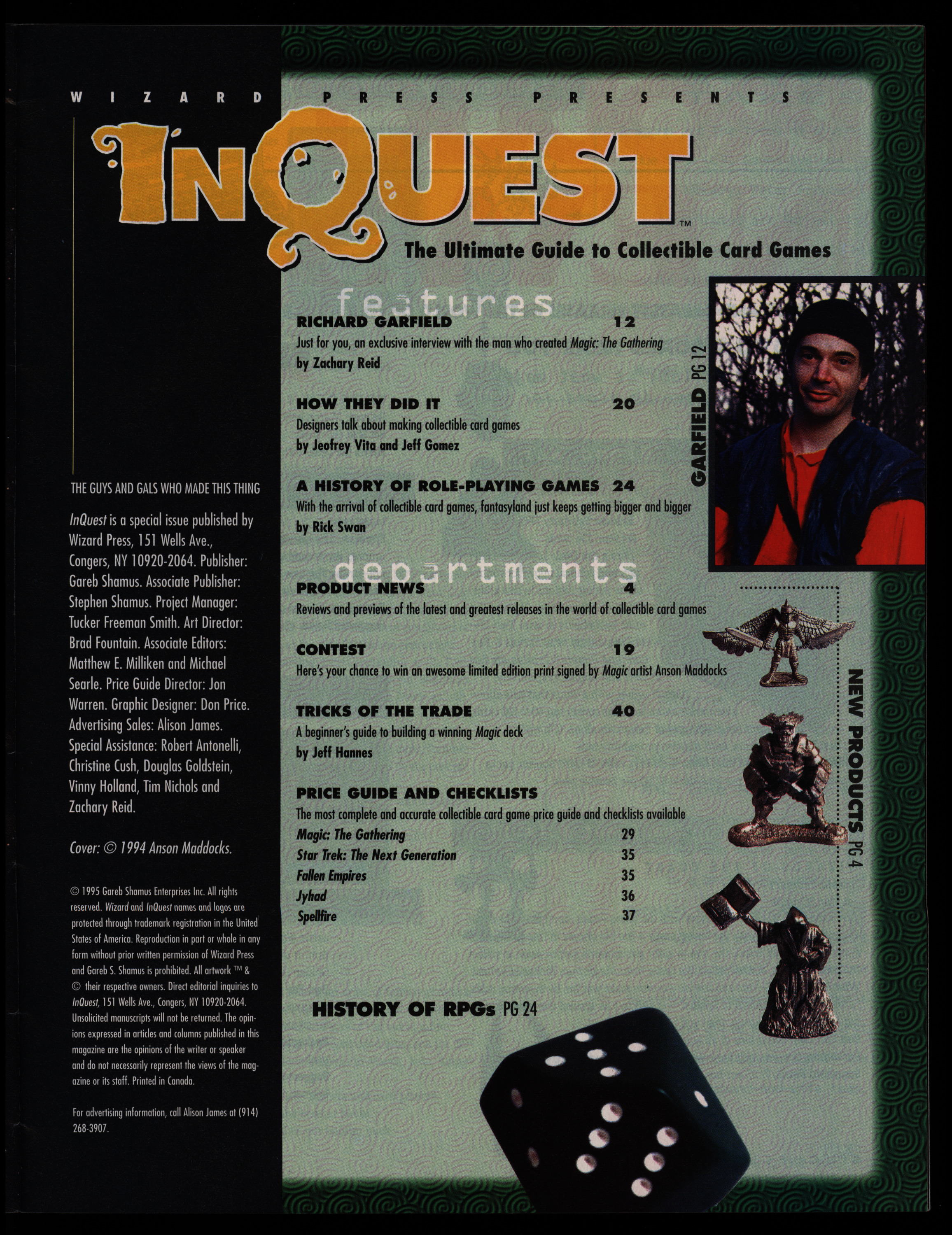 Magazine page with table of contents, a headshot of a man, and several D&D figures.
