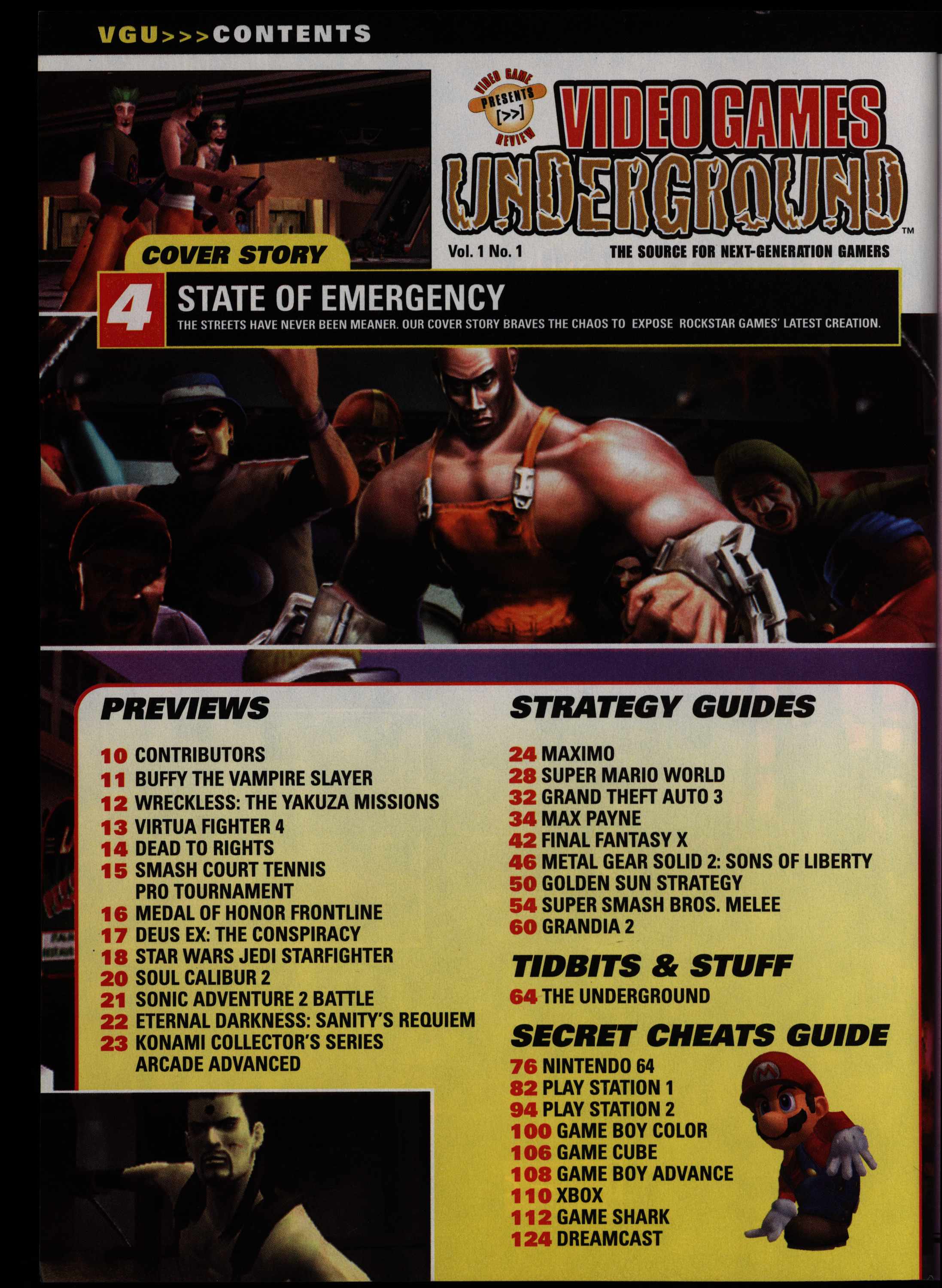 Table of contents with bold text in several colors and still images of video game characters.