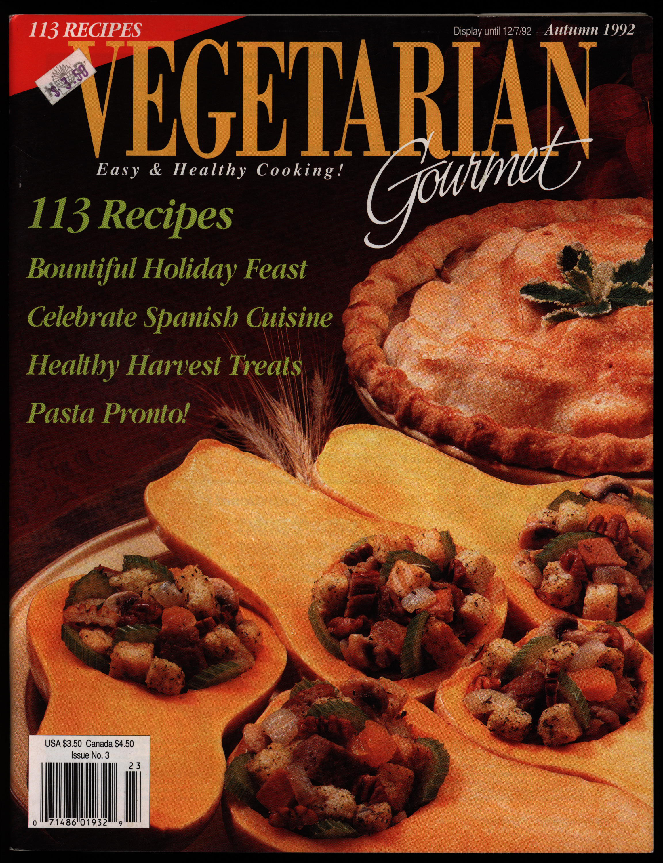 Magazine cover with image of squash and pie over a black background