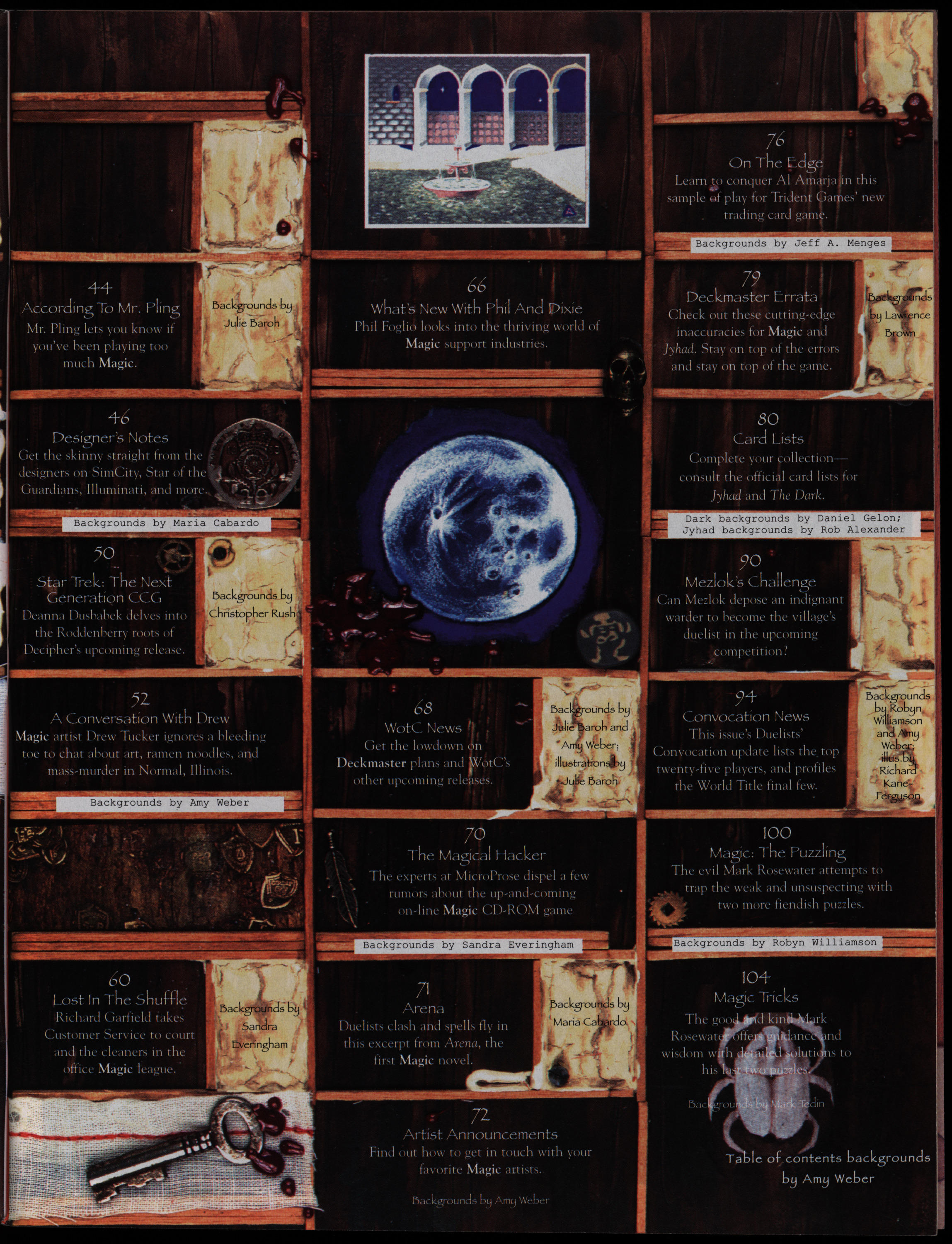 Magazine page with three columns in a grid pattern, text, and images of several maps and a planet.