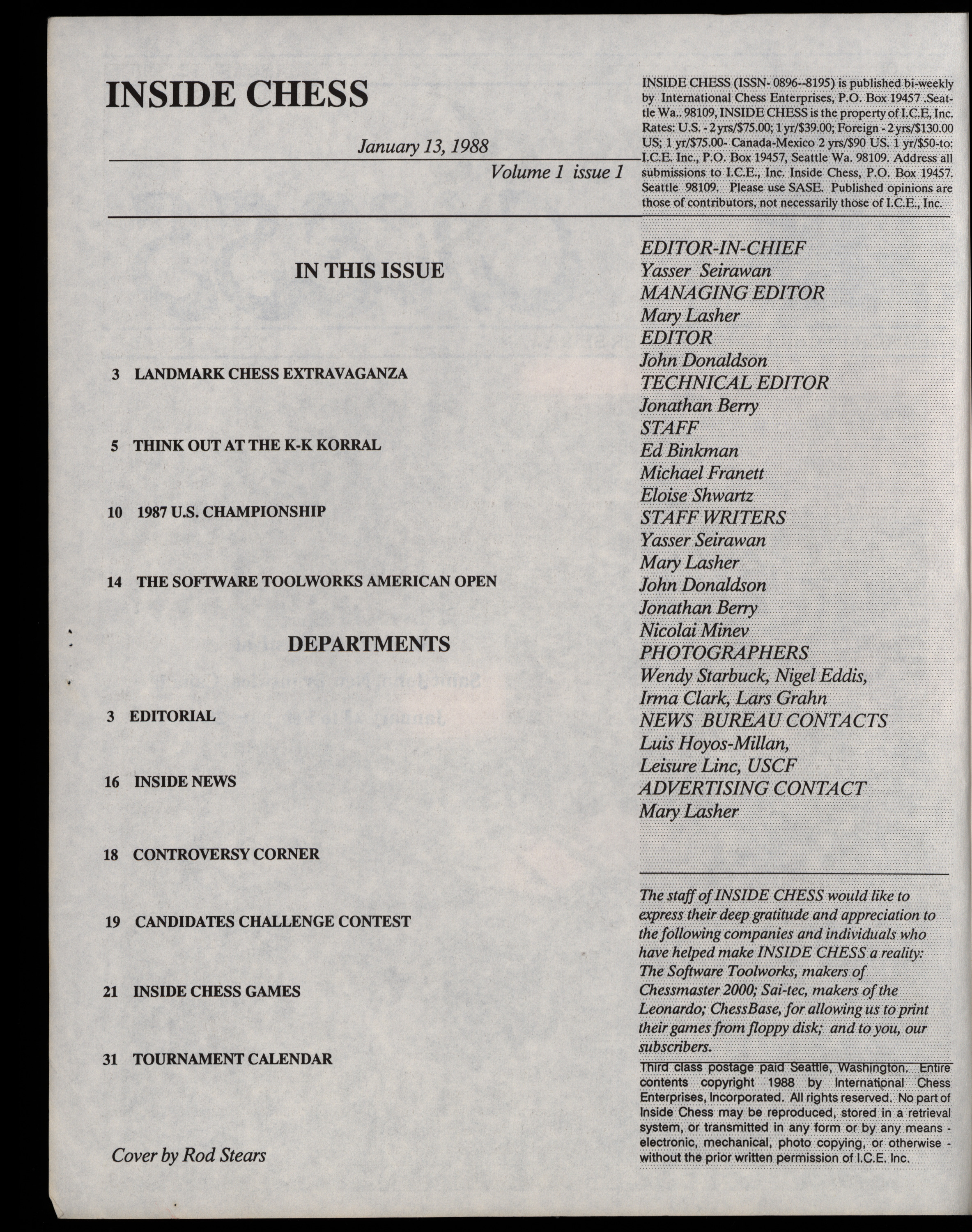 Magazine page with table of contents and masthead