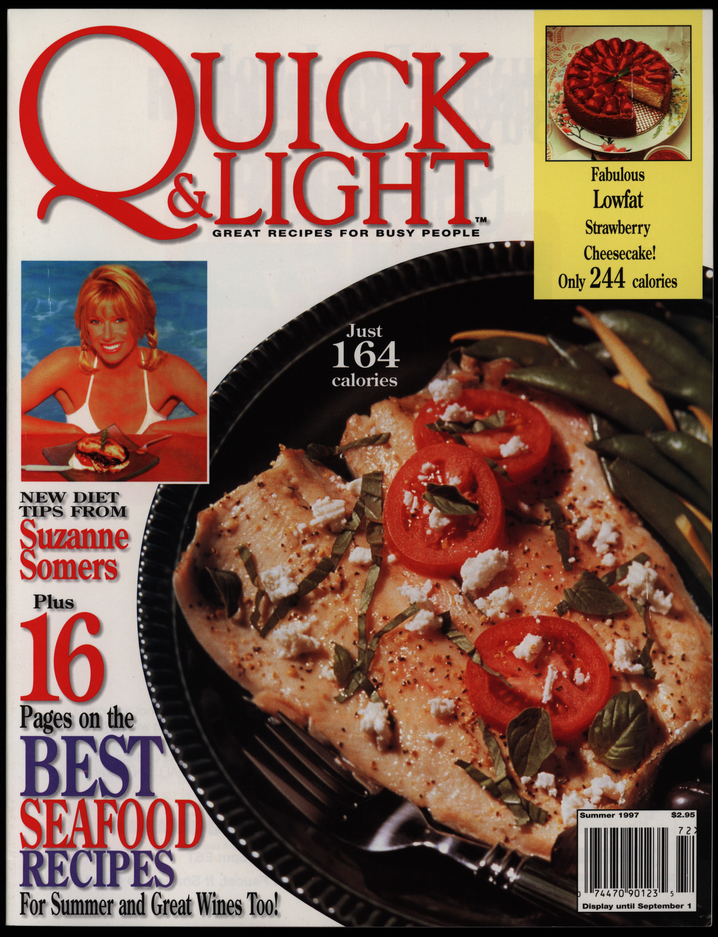 Magazine cover with image of fish and vegetables and a headshot of actress Suzanne Somers