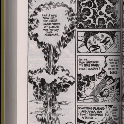 Graphic novel page of atomic bomb explosion and a young boy trapped beneath rubble