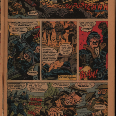 Comic book page of grounded Nazi pilots firing weapons at British army doctors