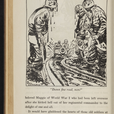 Cartoon of three soldiers with shovels covered in mud with a car driving into the background