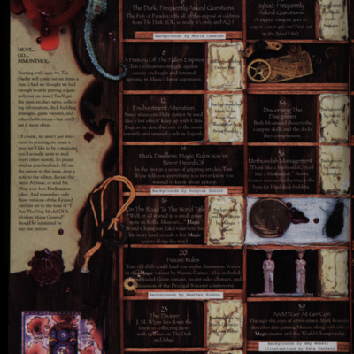 Magazine table of contents page with multiple maps and images related to games.