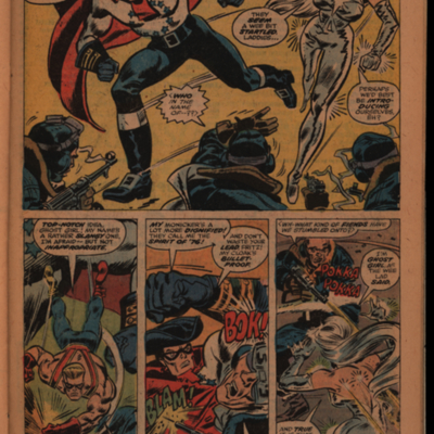 Comic book page of the Spirit of 76' and other British superheroes fighting Nazi soldiers