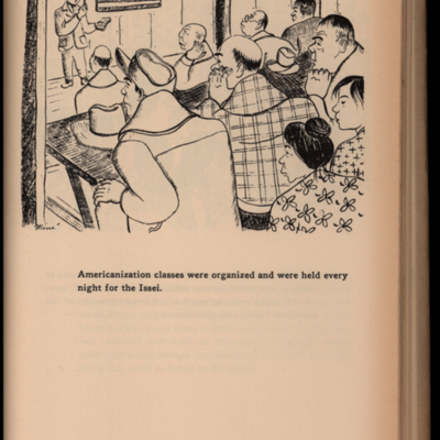 Illustration of men and women sitting at tables looking at a man with a book in his hand in front of an American flag; small amount of text under illustration