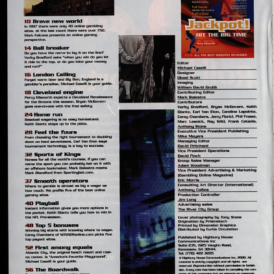 Magazine table of contents and masthead page with four images.