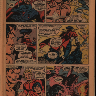 Comic book page of Spirit of 76' and other British superheroes introducing themselves and displaying superpowers