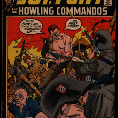 Comic book cover of Nick Fury and American soldiers fighting Nazi soldiers with men in prison uniforms running away; Soldier with a swastika on his helmet in the foreground and a fire in the background