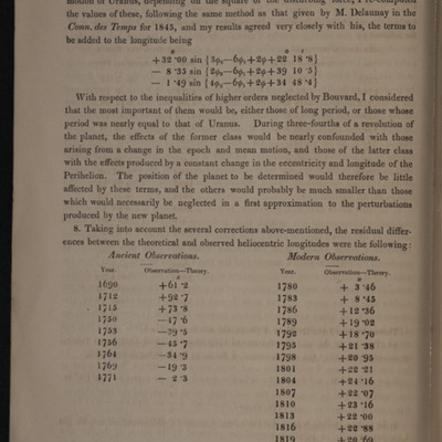 An explanation of the observed irregularities in the motion of Uranus : on the hypothesis of disturbances caused by a more distant planet : with a determination of the mass, orbit, and position of the disturbing body