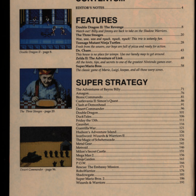 Table of contents listing editor’s notes, features, and a super strategies section.<br />
