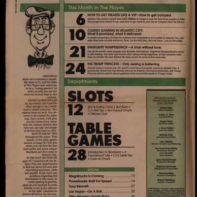 Table of contents page with bold black type and a cartoon of a man with glasses.