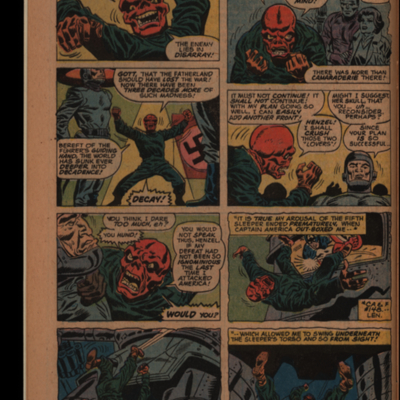 Comic book page of Red Skull explaining his plan and getting punched by Captain America