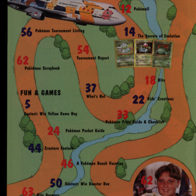 Table of contents page with several images and a winding brown pack with grass and trees on the background