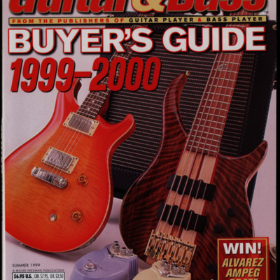 Magazine cover with two guitars and an amp, and bold font.