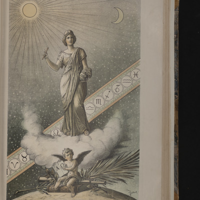 Printed artwork of a woman standing in front of the Sun, Moon, and the Zodiac signs