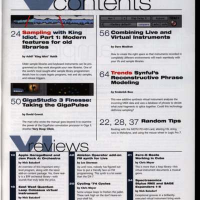 Table of contents for magazine, with a white background and black type.