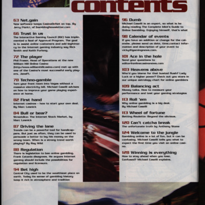 Magazine table of contents page with three images.