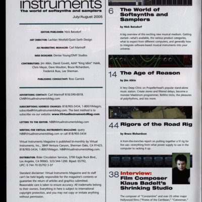 Masthead and table of contents for magazine, with a white background and black type.