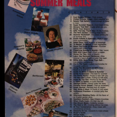 Magazine page with table of contents and several images against the image of clouds in the background.