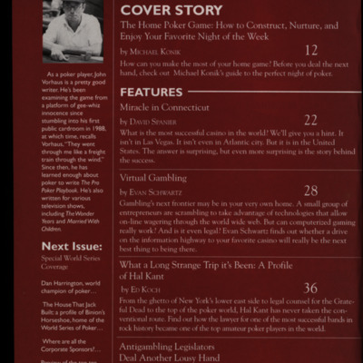 Magazine table of contents page with a burgundy-color background.