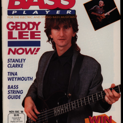 Magazine cover with image of bass player Geddy Lee over white background.